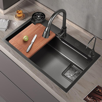 Großes Einzel-Slot Multifunktionswaschbecken Anti-Scratch LED Digital Display Edelstahl Wasserfall Küchenwaschbecken mit Tasse Wa